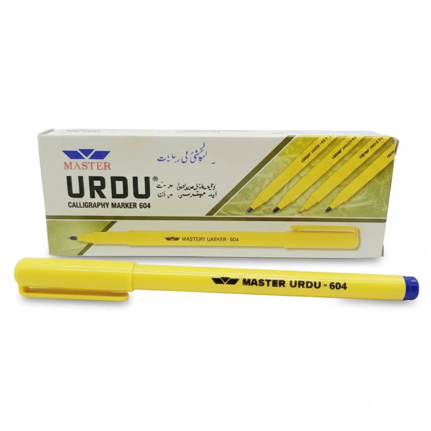 Master Urdu 604 Calligraphy Marker yellow pen with blue tip, shown with product box containing multiple marker variants