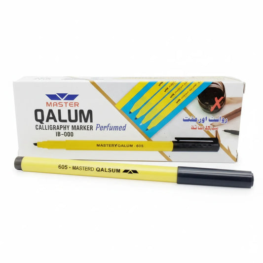 Master Qalum Calligraphy Marker 605 in yellow with black cap, shown with product packaging box featuring blue and yellow design elements