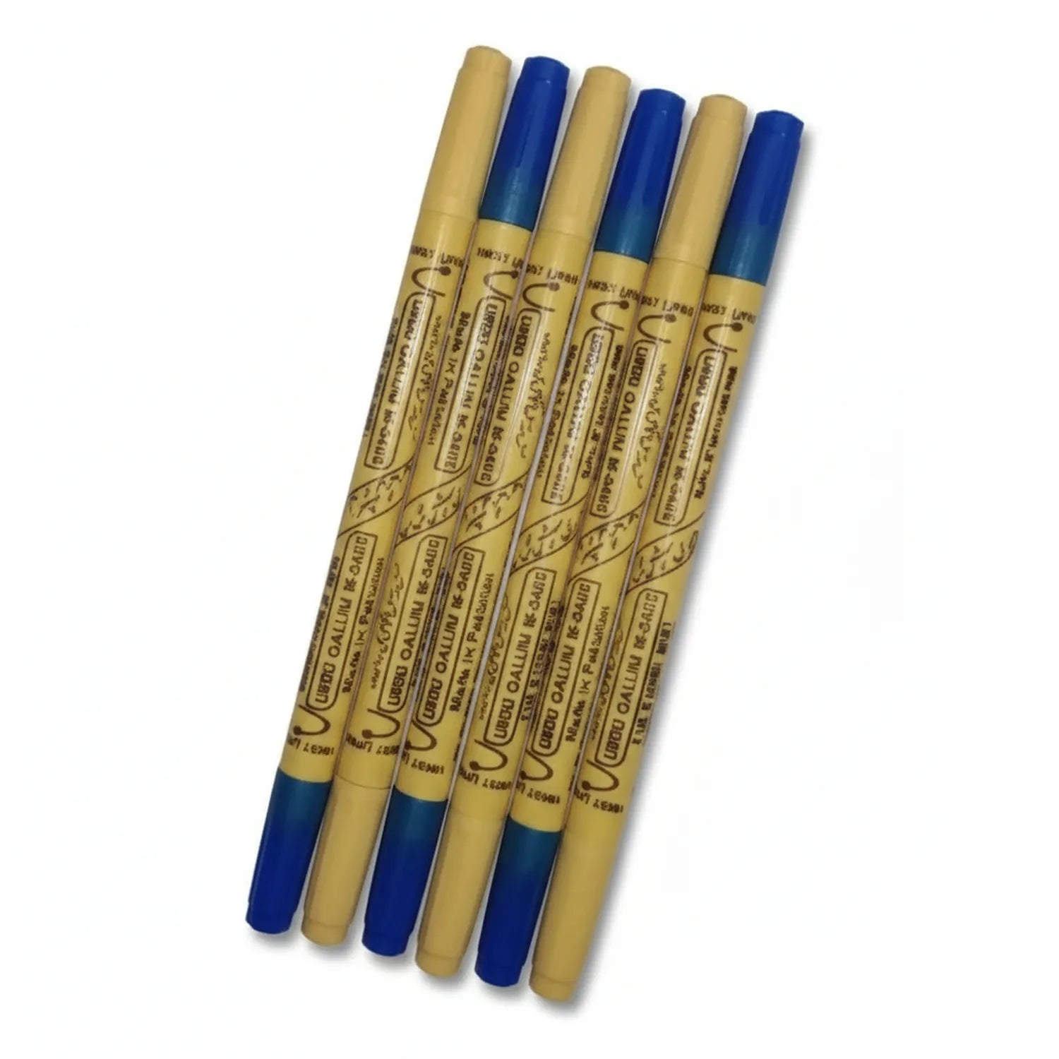 Marker Master Twin 604+605 Blue set showing 6 dual-tip markers with alternating blue caps and natural wood barrels arranged in a fanned display.