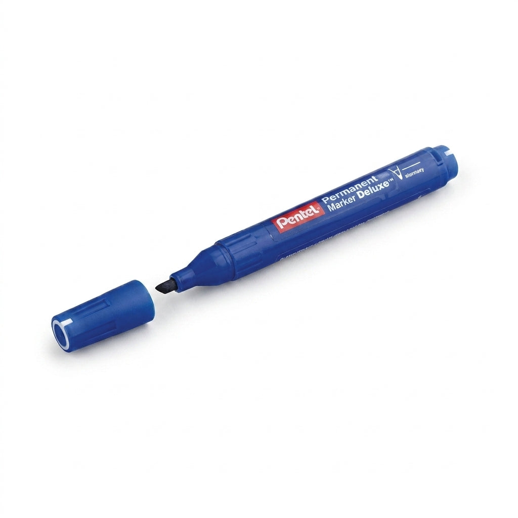 Pentel Permanent Marker Deluxe with blue barrel, cut nib tip, and removable blue cap displayed at an angle.