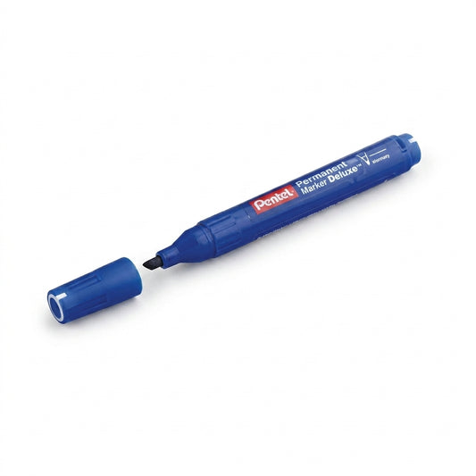 Pentel Permanent Marker Deluxe with blue barrel, cut nib tip, and removable blue cap displayed at an angle.