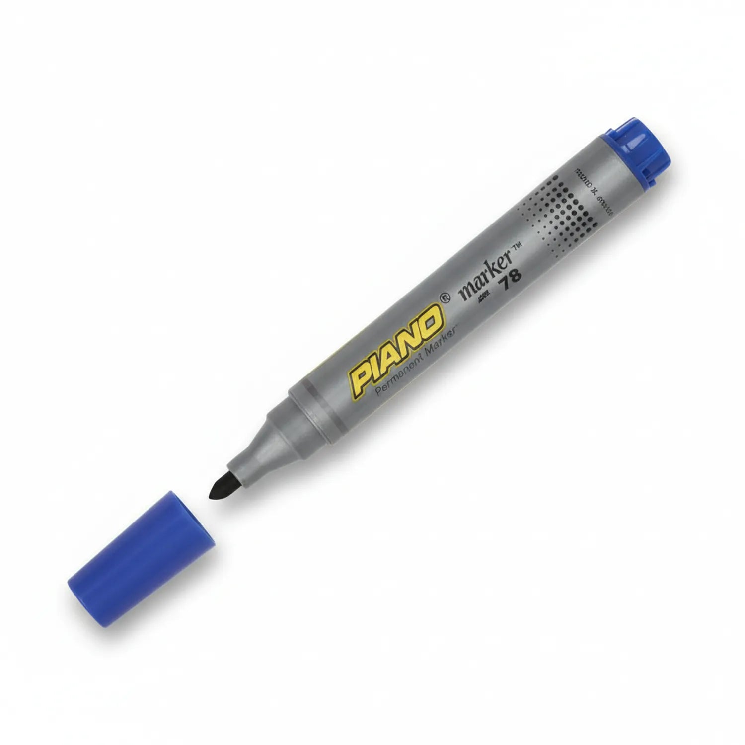 Piano Marker Permanent Blue pen with blue cap shown uncapped and capped, displaying gray barrel with yellow/blue branding and fine tip