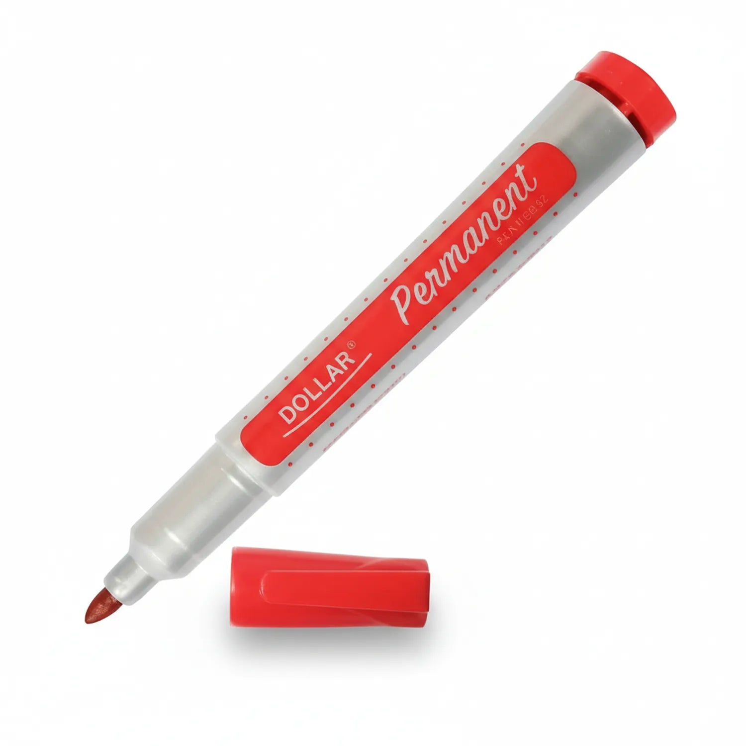 Marker Prm Piano Red permanent marker with cap removed, showing red felt tip and clear barrel with red label and red cap