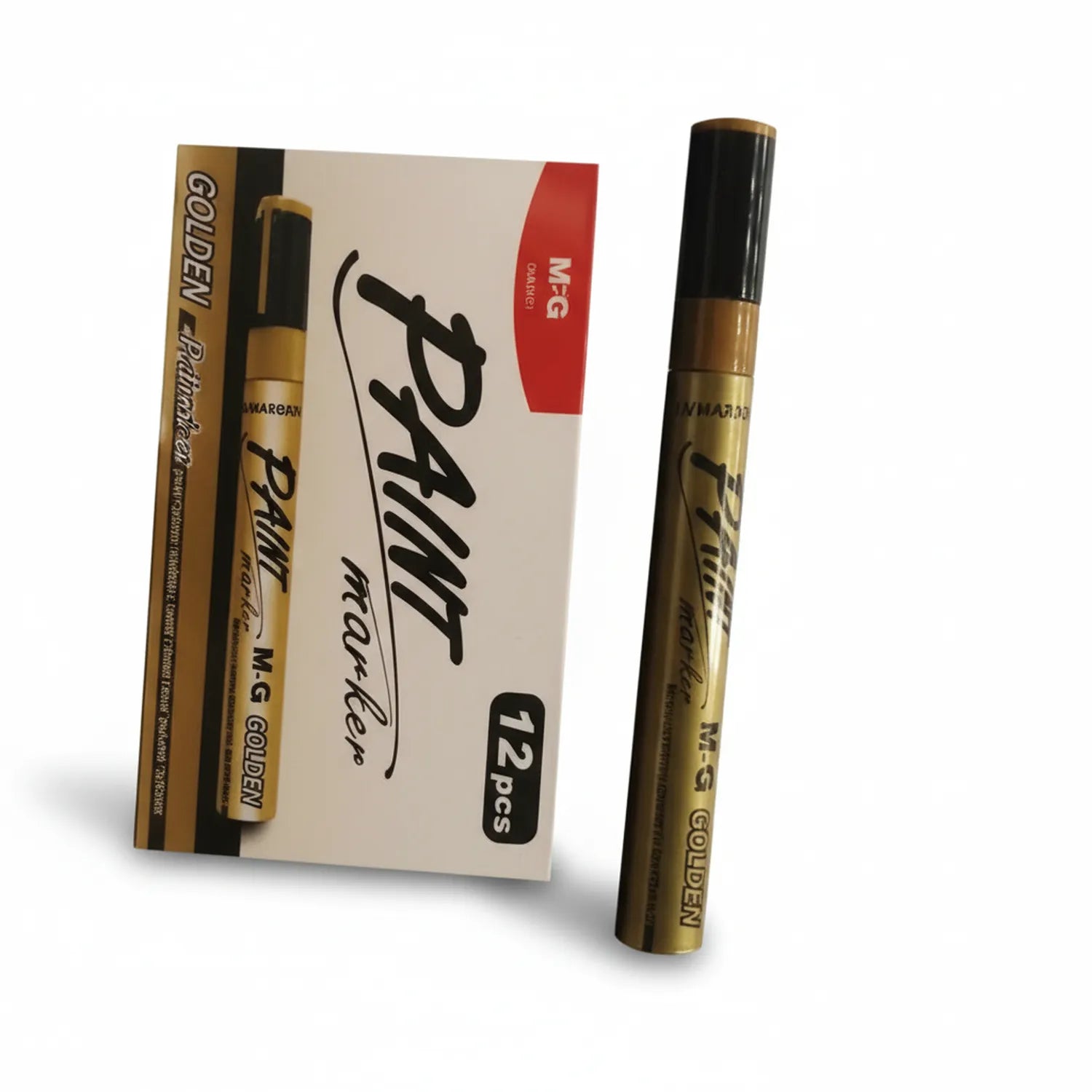 M&G Golden Marker Paint Pen 8571 - 12 pack set showing product box and individual golden metallic paint marker with black cap displayed