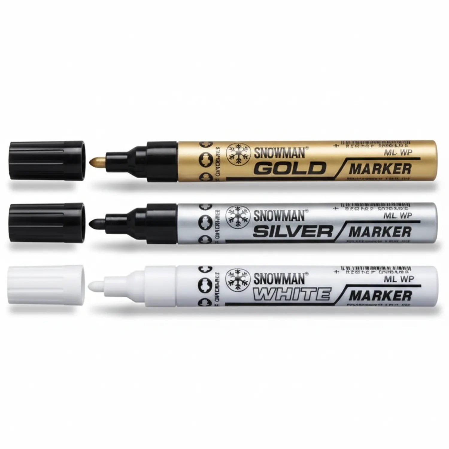 Snowman Gold, Silver and White Paint Markers - 3-piece set with black caps and fine tips displayed vertically