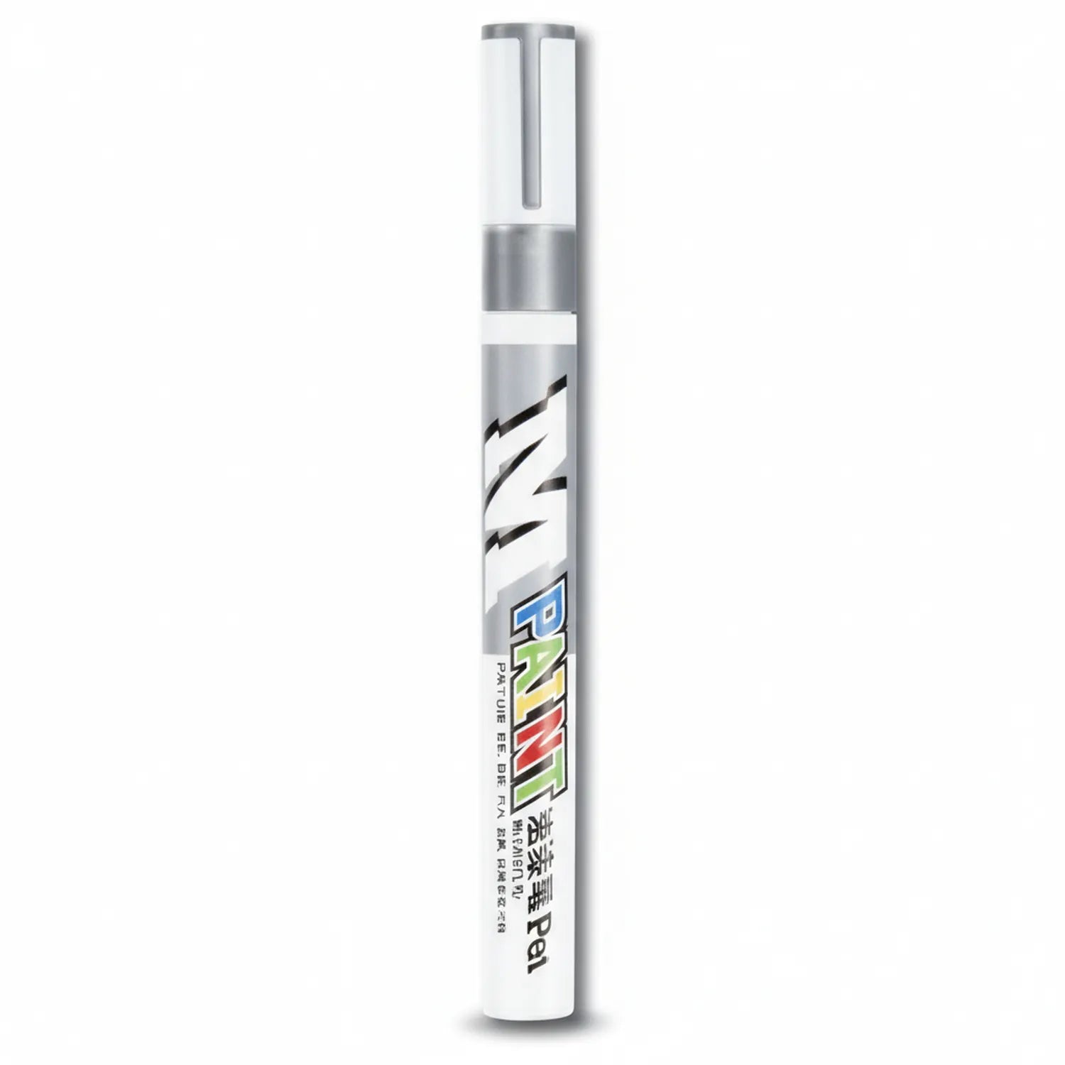 M&G 8571 White Paint Marker Pen with silver and white barrel, fine point tip, and colorful brand label on white background