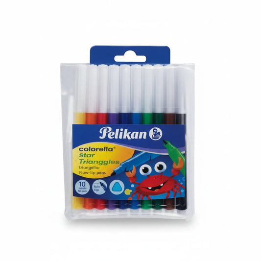 Pelikan Colorella Star Triangles 10-color marker set in clear packaging with blue header, showing vibrant markers and red crab character design