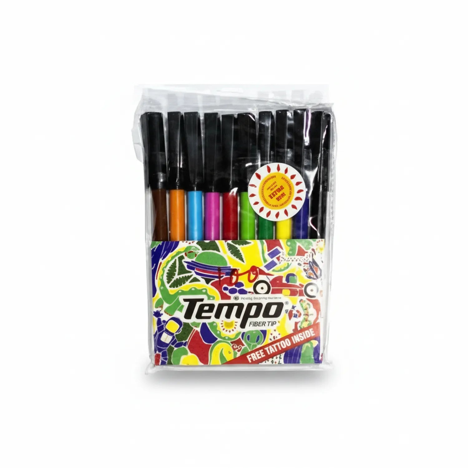 Tempo Fiber Tip Marker Set containing 10 assorted color markers with black barrels, displayed in clear plastic packaging with colorful product branding and free tattoo offer.