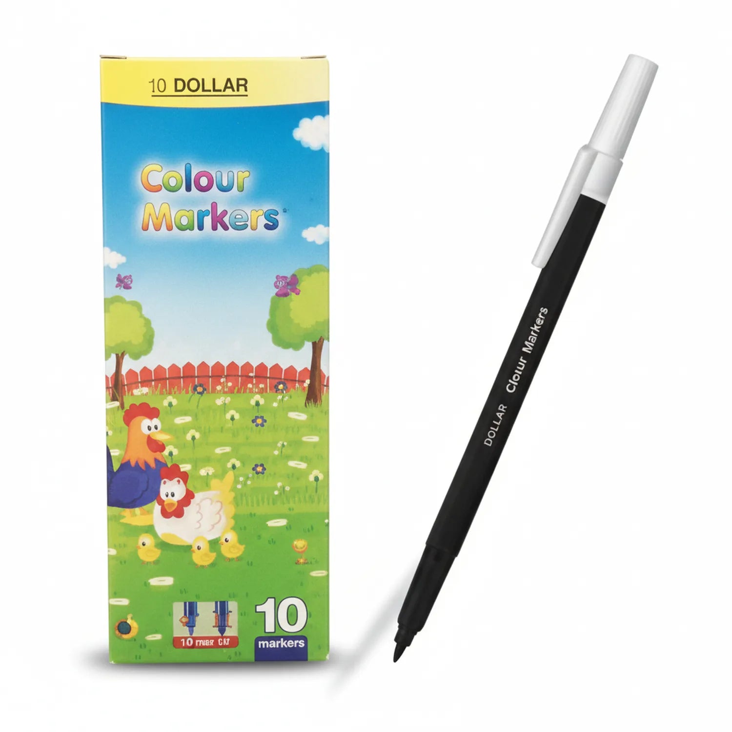 Marker Sketchline Dollar Black 10 pack box with colorful farm scene artwork and individual black ball point marker pen displayed