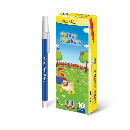 Dollar Colour Markers 10 pack set with blue marker pen displayed next to yellow packaging box featuring farm animals illustration