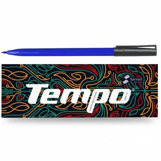 Sarvad Tempo Blue marker pen with fine tip and black grip, shown above colorful decorative packaging with abstract pattern design