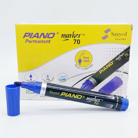 Piano Marker 70 blue permanent marker with chisel tip, product box, and refill cartridge displayed