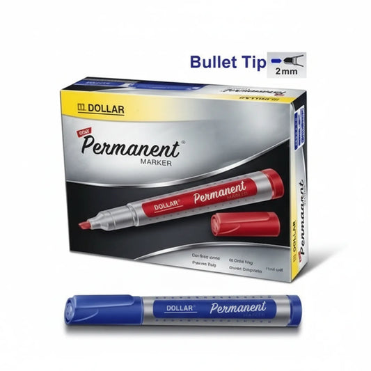 Dollar Permanent Marker pack showing red and blue markers with 2mm bullet tip, displayed with product packaging and individual marker closeup.