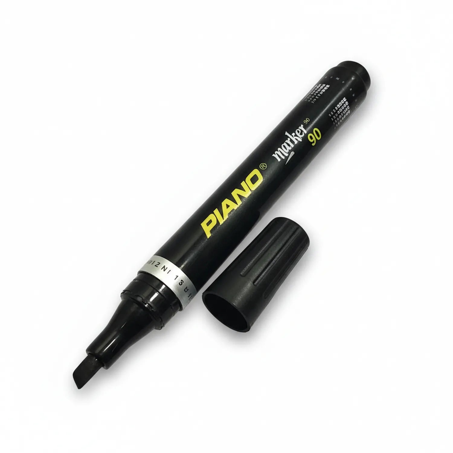 Piano Marker WB 90 black whiteboard marker with removable cap, showing chisel tip and barrel text specifications