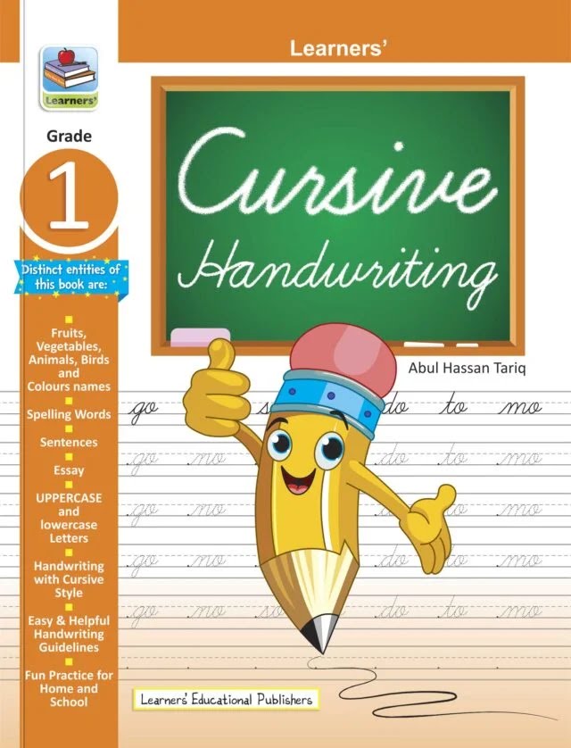 Cursive Handwriting Grade 1 workbook cover with cheerful yellow pencil character giving thumbs up, chalkboard design, practice lines