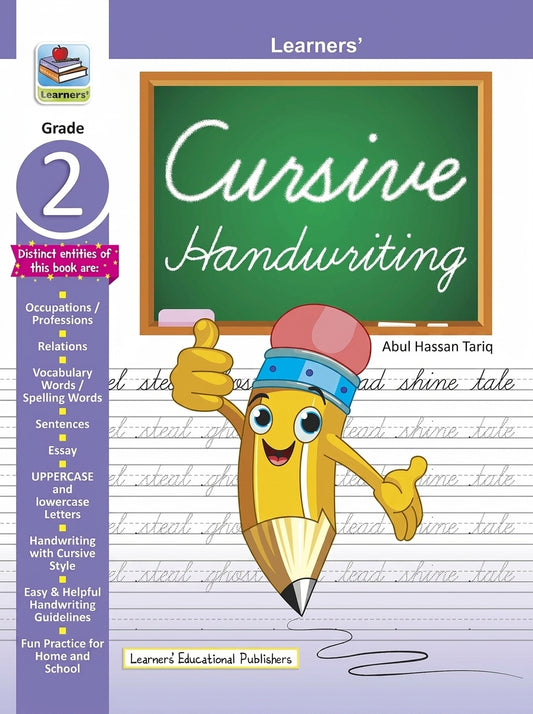 Grade 2 Cursive Handwriting workbook with green chalkboard design, yellow pencil character, and cursive practice lines