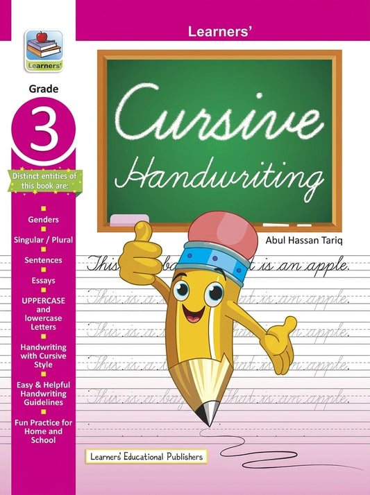 Cursive Handwriting Grade 3 workbook with magenta cover, cartoon pencil character, green chalkboard design, and lined practice pages