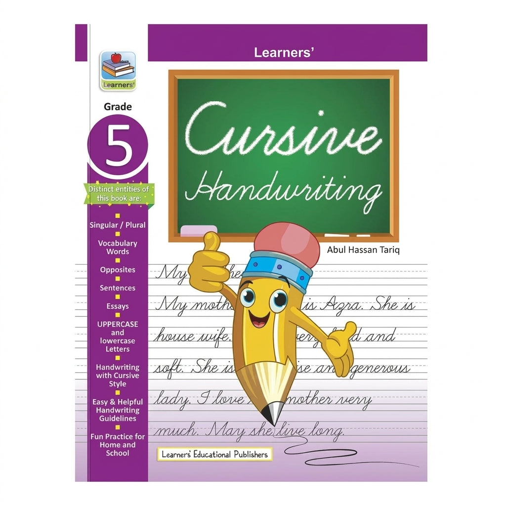 Learners' Grade 5 Cursive Handwriting workbook with yellow pencil character writing cursive text on lined pages