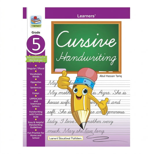 Learners' Grade 5 Cursive Handwriting workbook with yellow pencil character writing cursive text on lined pages