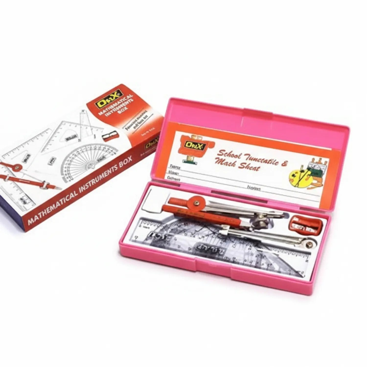 Dux Mathset 702 in pink carrying case with mathematical instruments including compass, protractor, rulers, and school timetable mark sheet