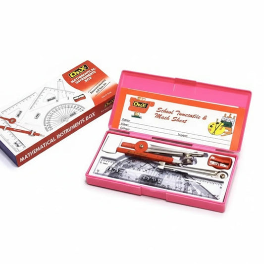 Dux Mathset 702 in pink carrying case with mathematical instruments including compass, protractor, rulers, and school timetable mark sheet