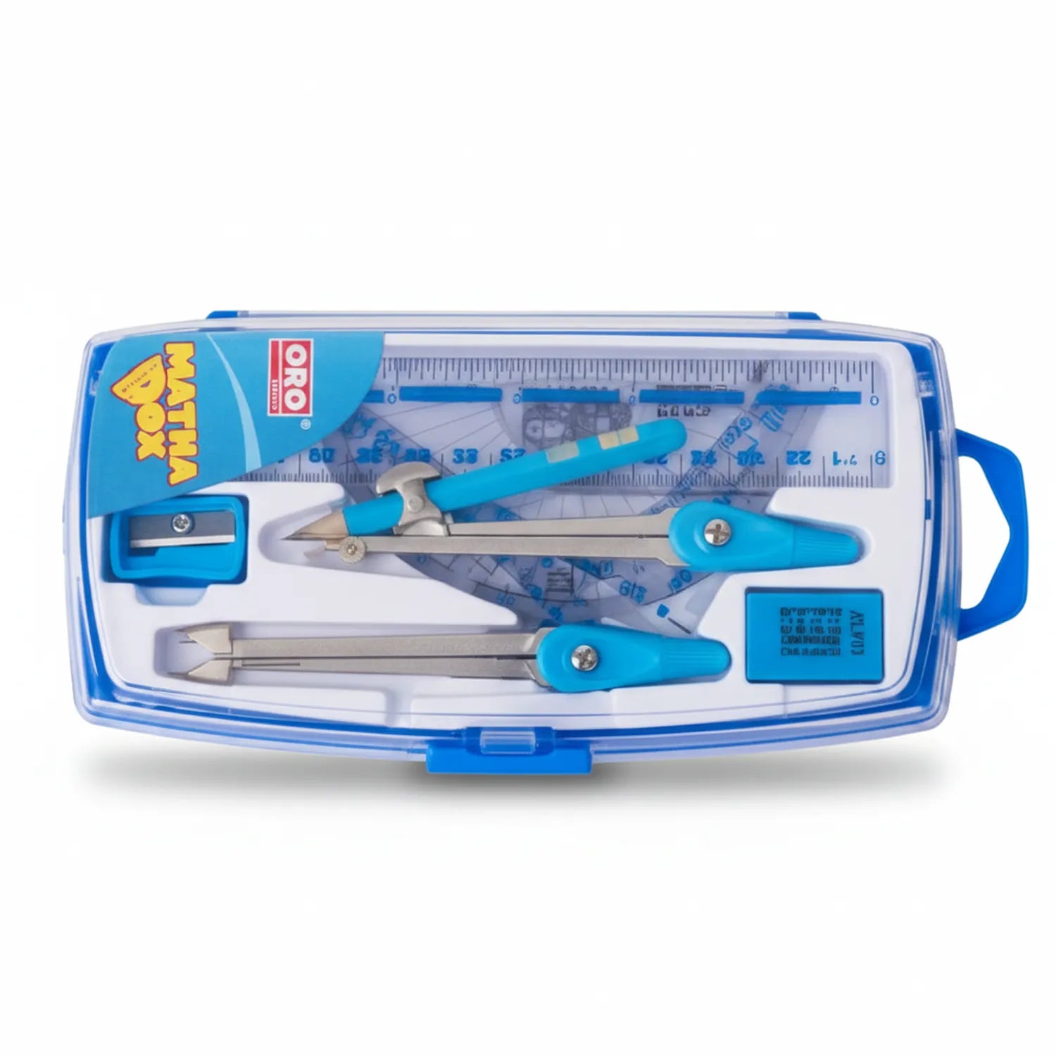 Mathset Oro 800 blue geometry set with compass, rulers, sharpener, pencil and blue carrying case with handle