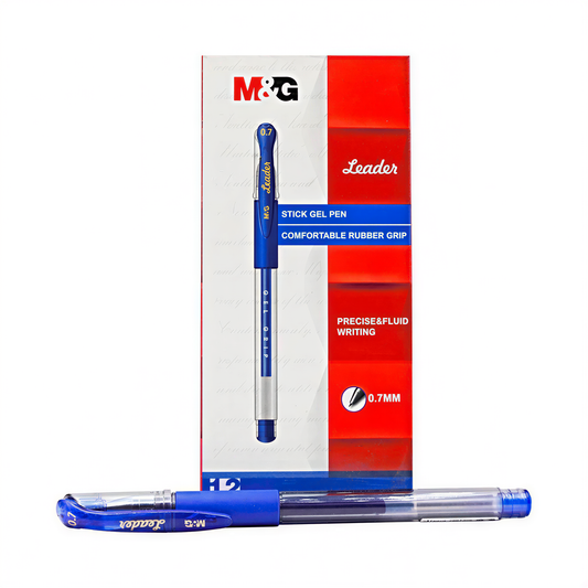 M&G Leader blue gel pen 0.7mm with packaging showing comfortable rubber grip and precise fluid writing