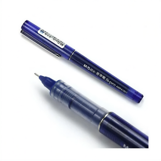 M&G Si-Pen roller pen 0.7mm in blue, shown with cap off displaying fine tip and textured grip section