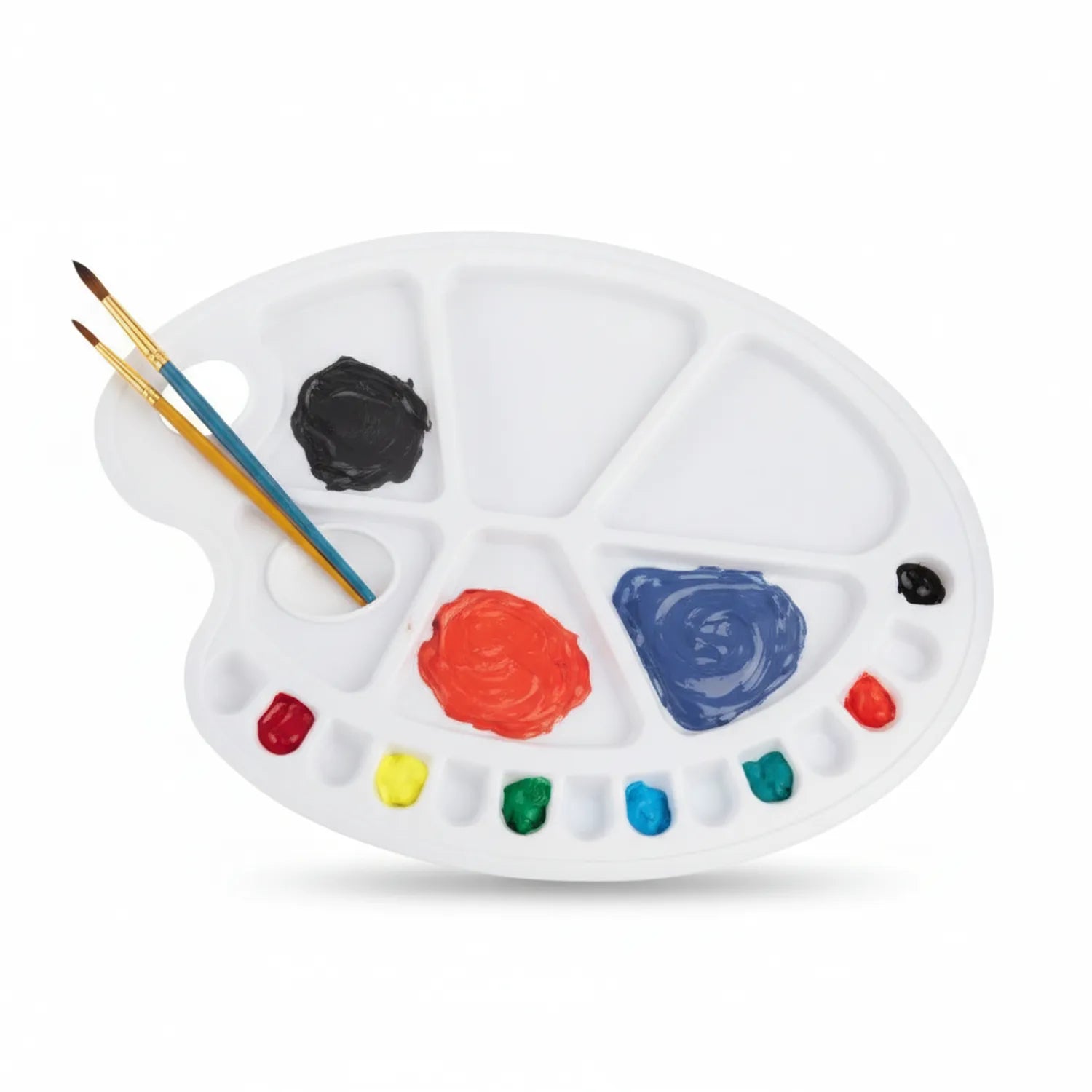 Mixing Palette L with white surface, primary and secondary paint colors, two brushes, and multiple compartments for color organization