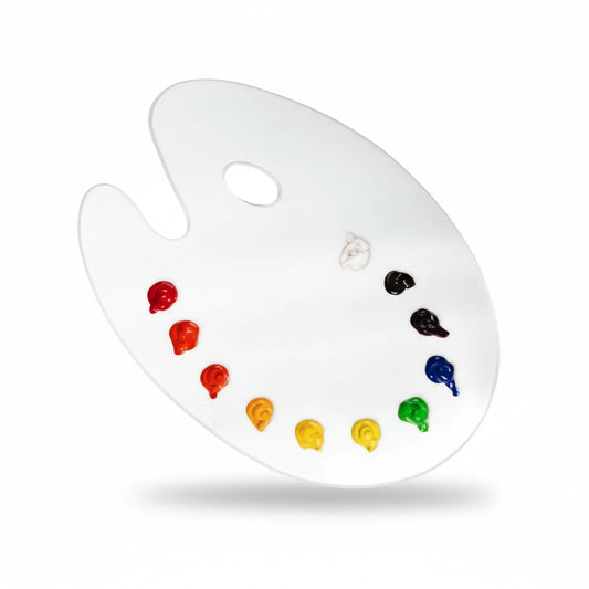 Transparent kidney-shaped mixing palette with 12 pre-filled paint wells in red, orange, yellow, green, blue, black, and white colors arranged in a gradient pattern