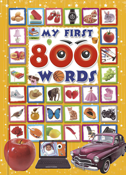 My First 800 Words Learners book cover featuring colorful illustrated vocabulary words and images on yellow background