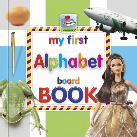 My First Alphabet Board Book cover with colorful letters, Learners' branding, and children's illustration on white background