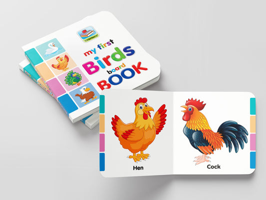 My First Birds Board Book featuring colorful illustrations of a hen and rooster with color-coded pages and bookmark ribbon.