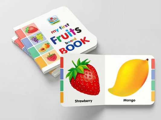 My First Fruits Board Book with colorful fruit illustrations including strawberry and mango pages, durable board book design