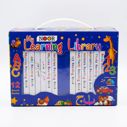 Noor My Learning Library 12 board books set in blue box with carrying handle, featuring ABC and 123 spine labels
