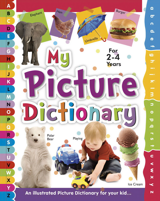 My First Picture Dictionary for ages 2-4 featuring colorful images of elephant, hen, burger, umbrella, polar bear, ice cream, and a toddler playing with toys