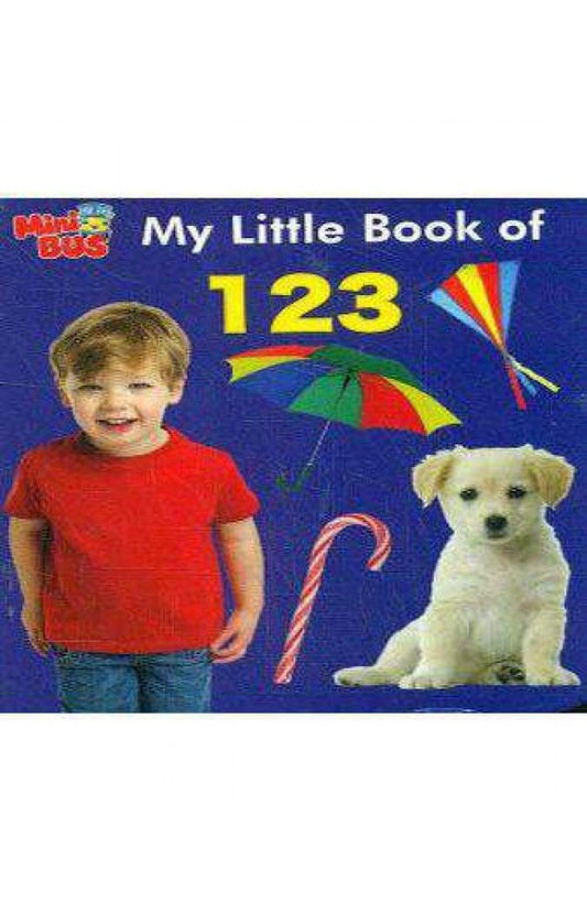 My Little Book of 123 Mini Bus board book cover with young child, puppy, umbrella, and kite on blue background