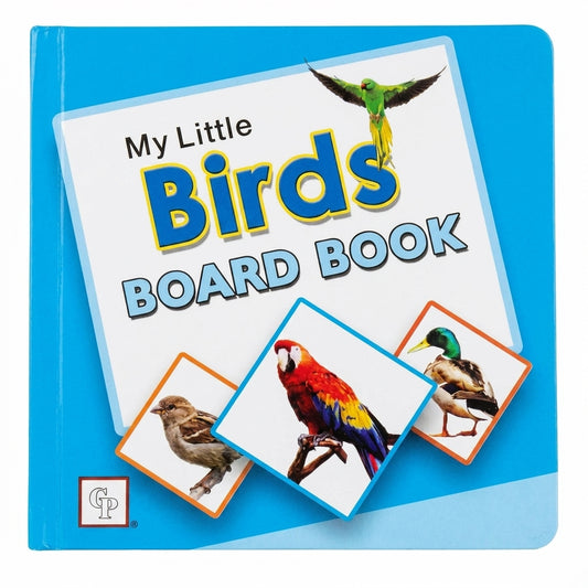My Little Birds Board Book cover featuring colorful bird photographs on blue background with orange and blue bordered images
