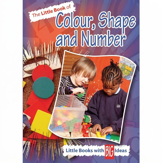 The Little Book of Colour, Shape and Number board book cover featuring colorful geometric shapes (red circle, teal circle, yellow square) and photos of toddlers learning with educational toys.