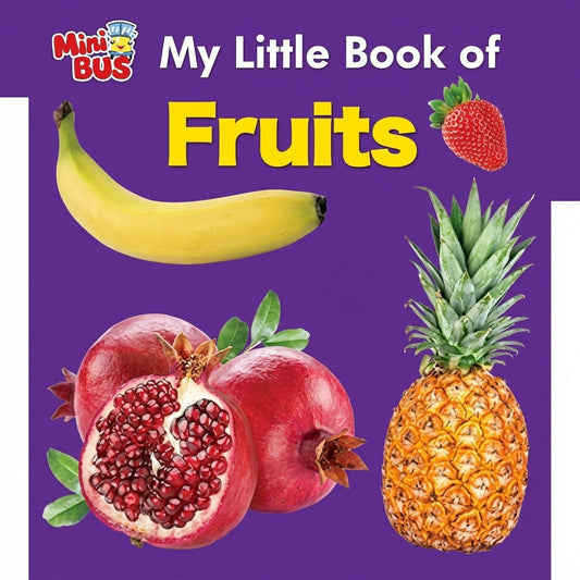 My Little Book of Fruits cover featuring colorful illustrations of banana, strawberry, pomegranate, and pineapple on purple background