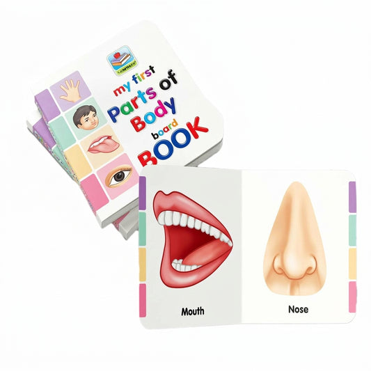 My First Parts of Body board book showing colorful illustrated pages of mouth and nose with labeled text