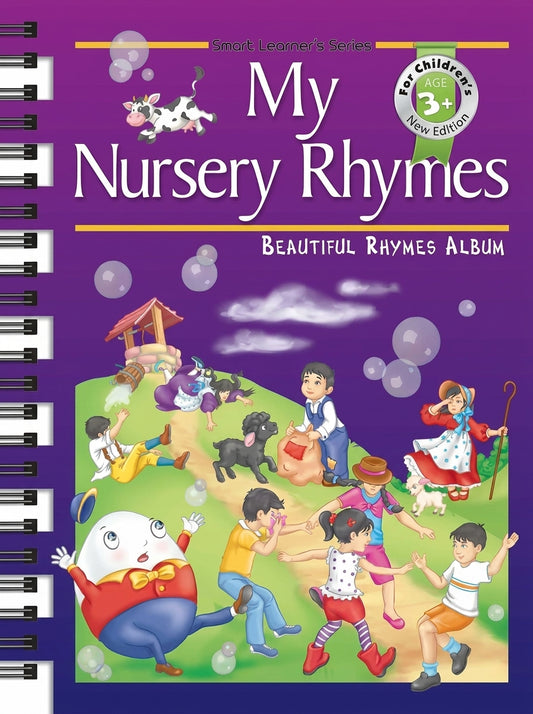 My Nursery Rhymes Beautiful Rhymes Album spiral-bound book with purple cover, colorful illustrations of children, animals, and nursery rhyme characters playing together.