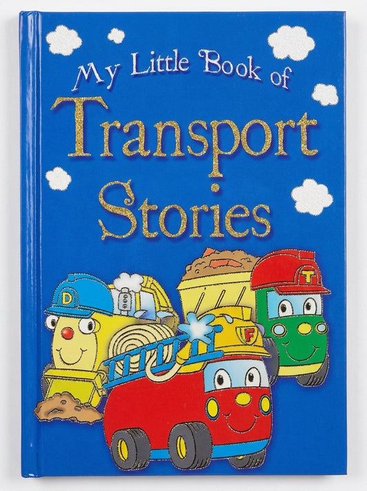 My Little Book of Transport Stories hardcover with blue cover, white clouds, and colorful illustrated transport vehicles with smiling faces