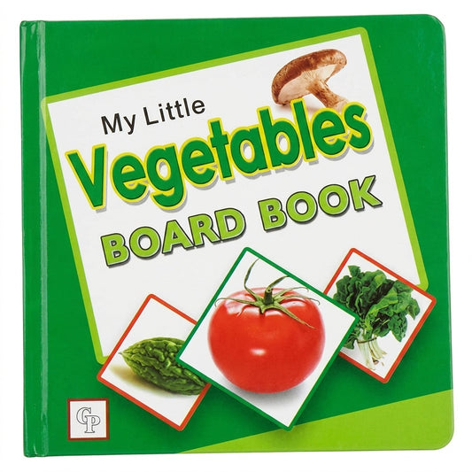 My Little Vegetables Board Book with green cover showing mushroom, tomato, bitter melon, and leafy greens on white background