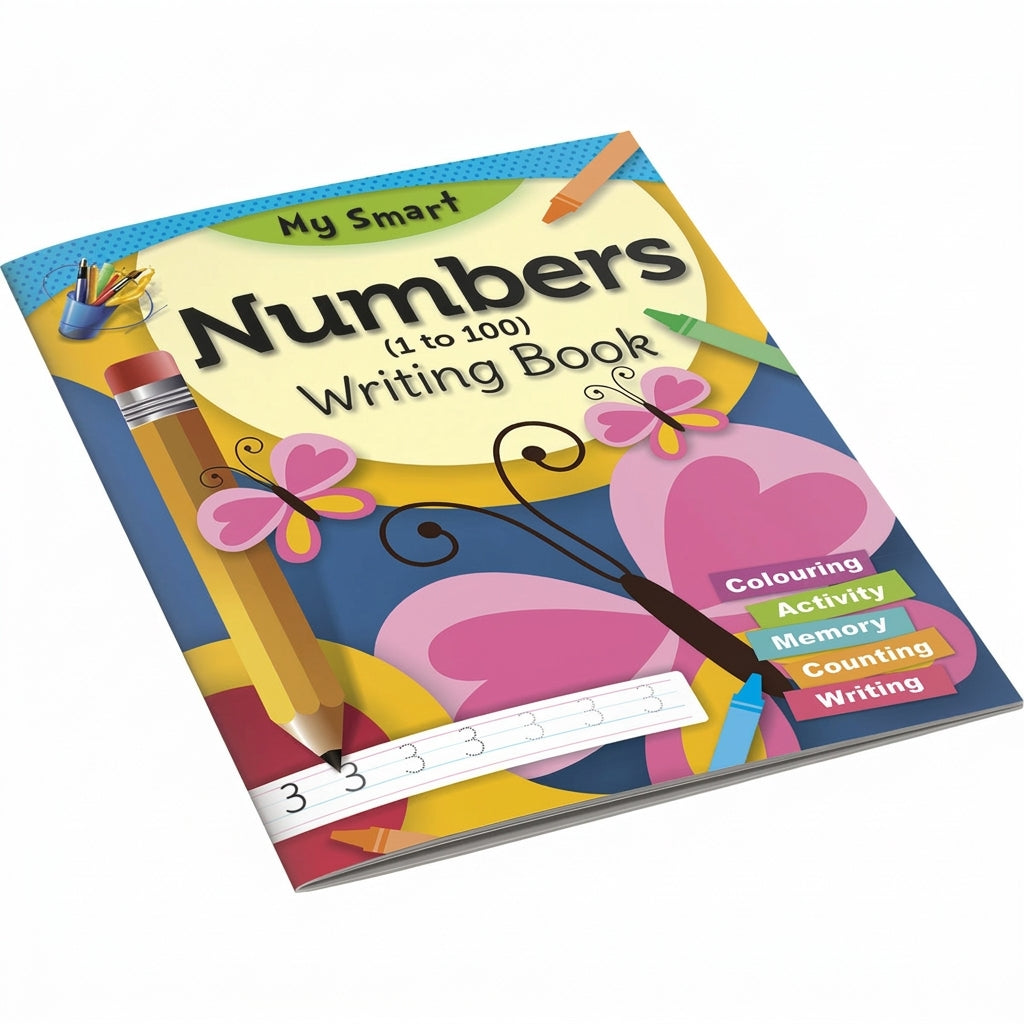 My Smart Numbers Writing Book cover with colorful flowers, hearts, pencils, and school supplies on bright yellow and blue background