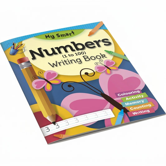My Smart Numbers Writing Book cover with colorful flowers, hearts, pencils, and school supplies on bright yellow and blue background