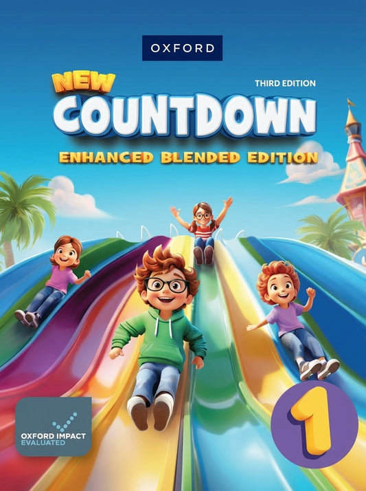 New Countdown Third Edition Enhanced Blended Edition Book 1 cover with colorful cartoon children sliding down rainbow slides in a tropical setting.