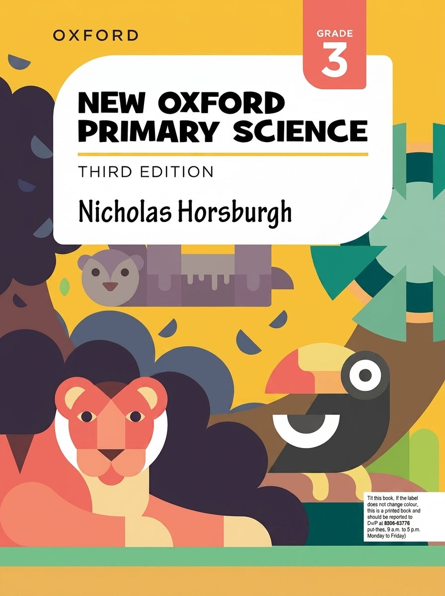 New Oxford Primary Science Grade 3 Third Edition textbook cover with colorful illustrations of animals and nature on yellow background.