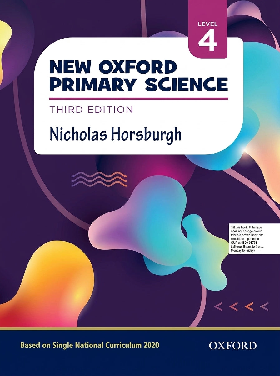 New Oxford Primary Science Level 4 Third Edition textbook cover with colorful gradient design in blue, pink, and yellow tones on dark purple background
