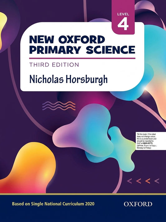 New Oxford Primary Science Level 4 Third Edition textbook cover with colorful gradient design in blue, pink, and yellow tones on dark purple background